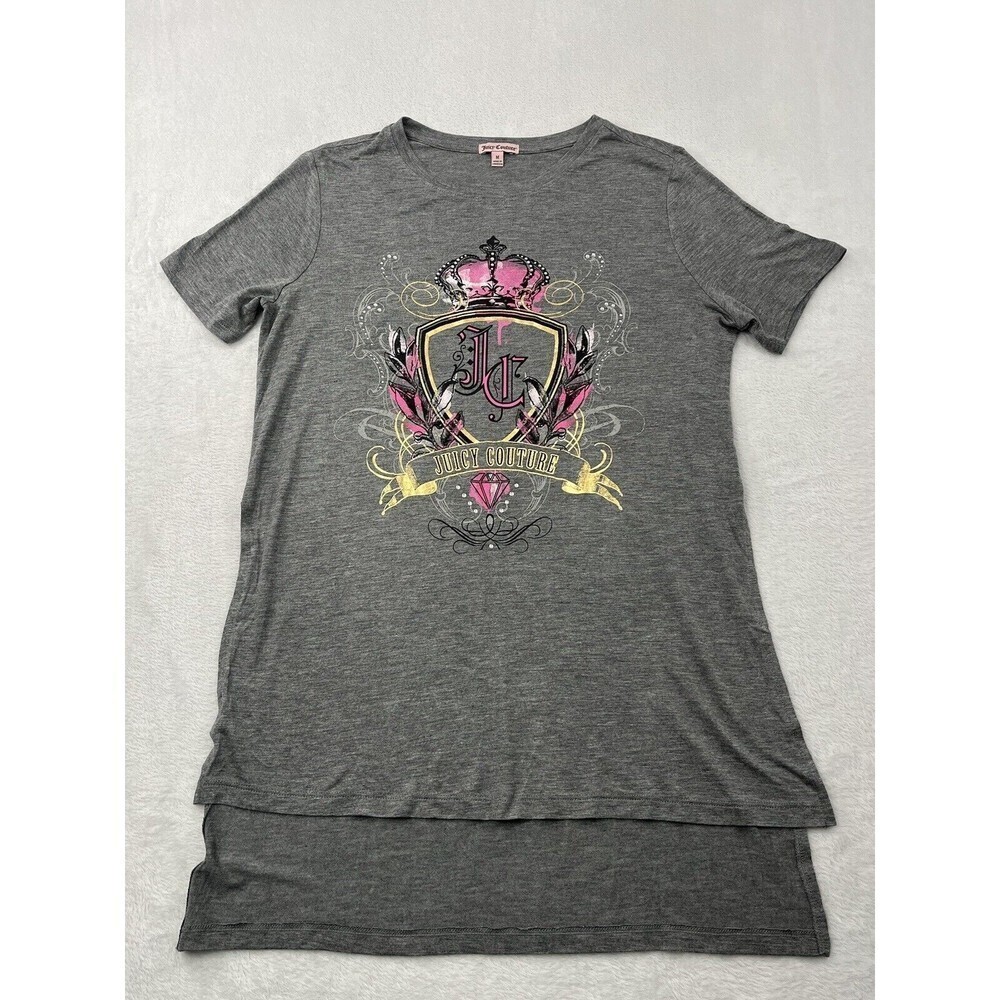 Juicy Couture Womens Medium Graphic Brand Write Out Logo Rhinestone Gray T Shirt
